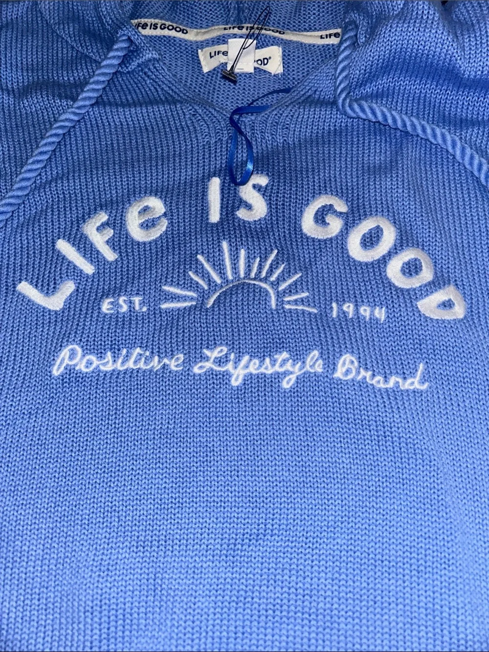 Life Is Good Hooded Sweater Knit Tassel Tie Top NWT - Picture 2 of 6